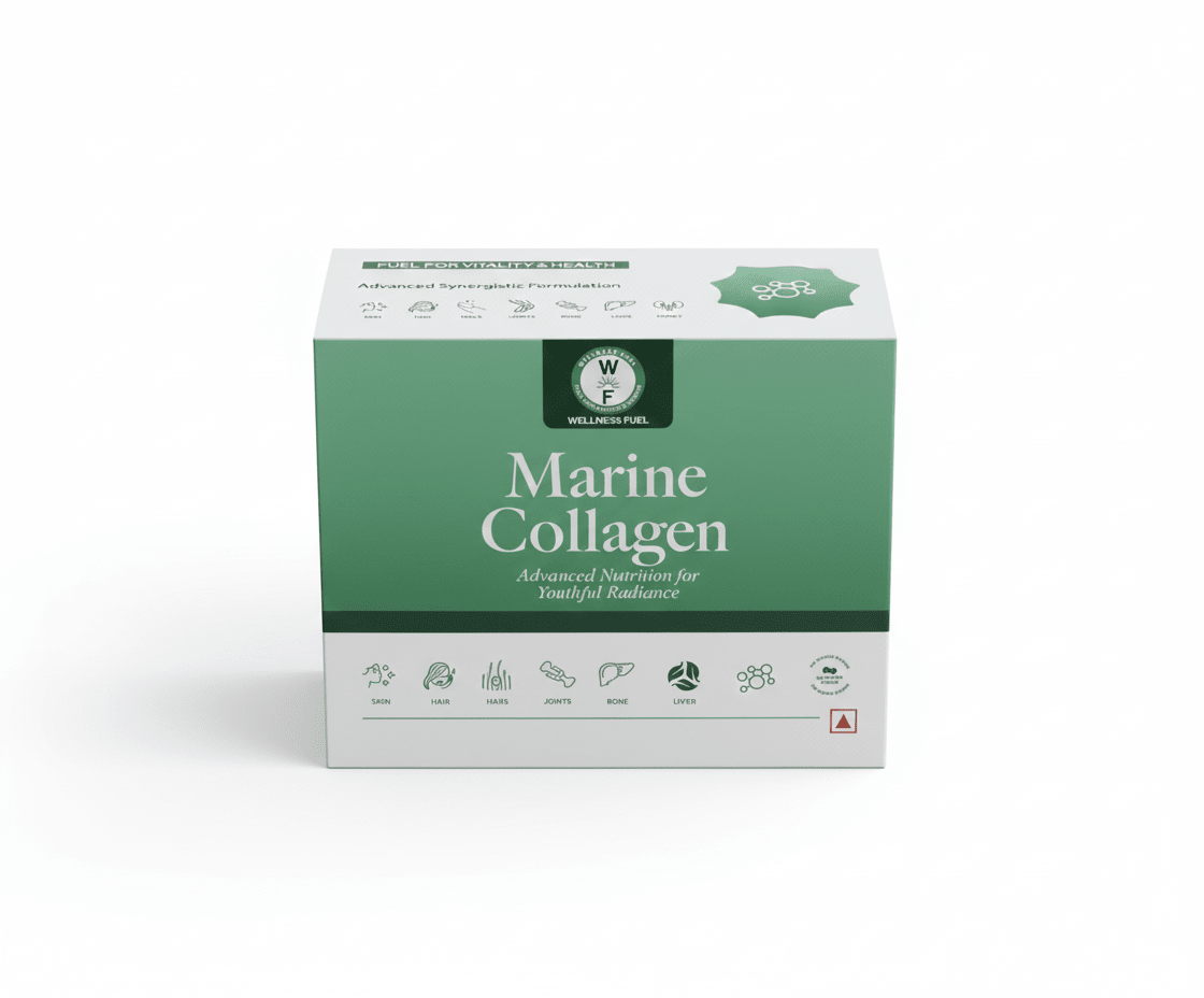 Packaging of Wellness Fuel Marine Collagen with health benefits listed