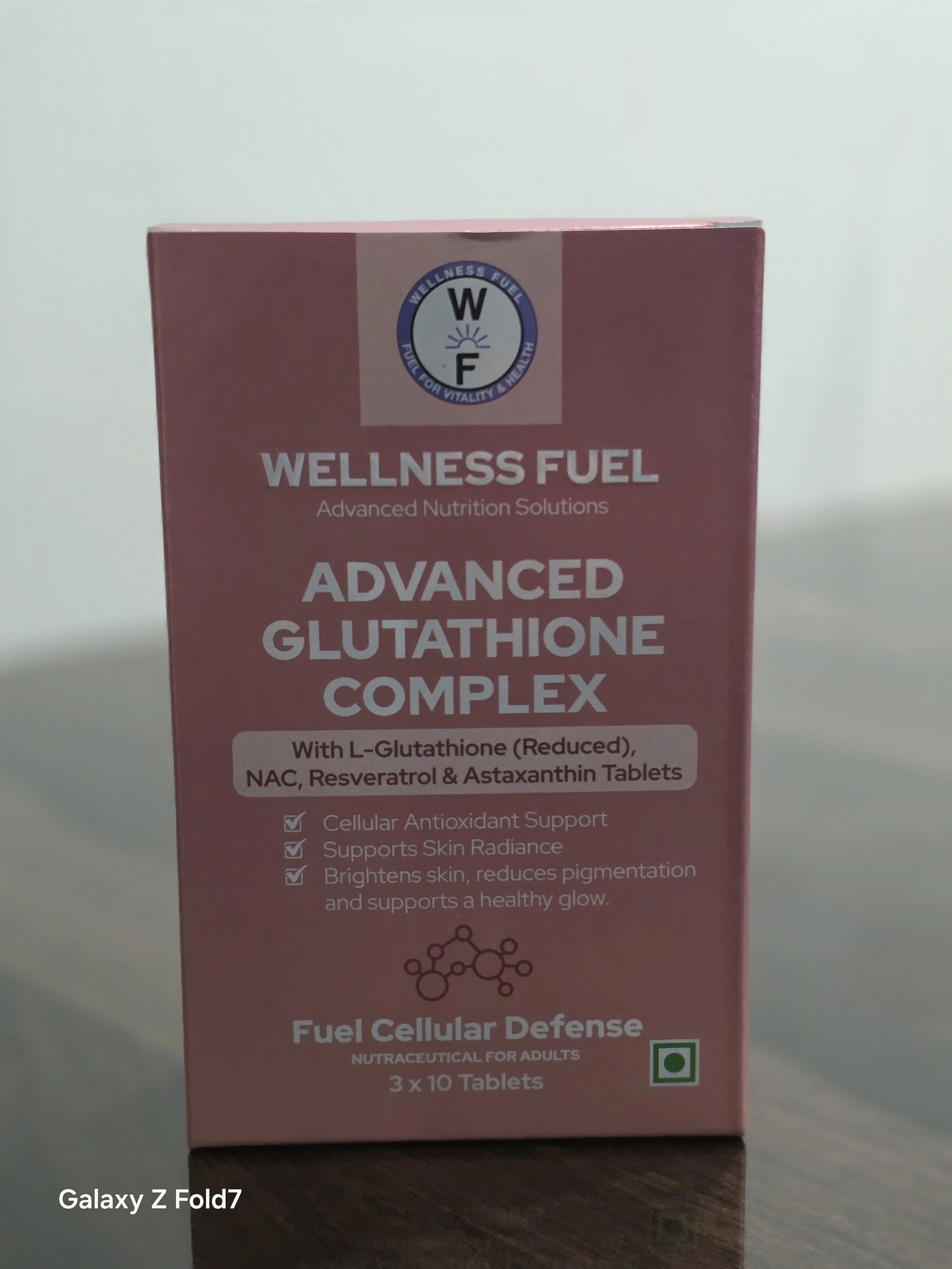 Front view of Wellness Fuel Advanced Glutathione Complex box with product details and benefits.